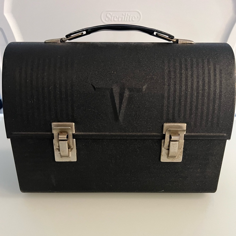 American Thermos black “V” metal dome top lunch box. Vintage. Never used.